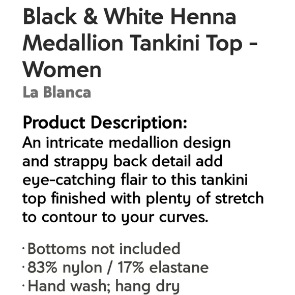 La Blanca New Black & White Henna Medalion Tankini SwimTop, 4 - Picture 6 of 6